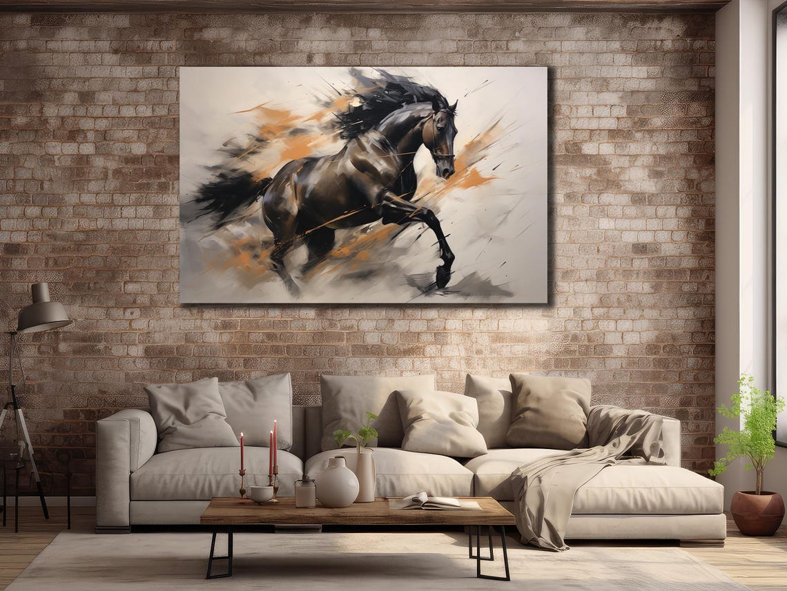 Dark Bay Galloping Horse Orange Abstract Streaks Equestrian Art Print