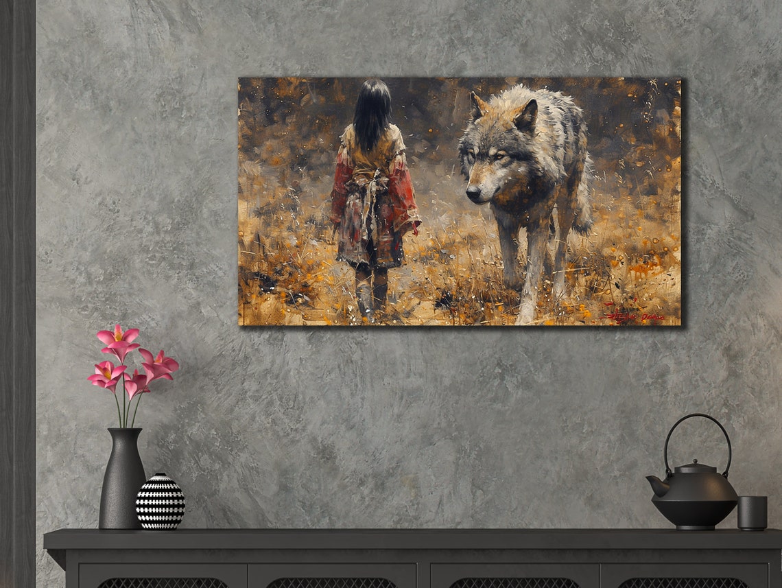 Girl Walking With Wolf Autumn Field Rustic Wildlife Wall Art Poster - Image 3