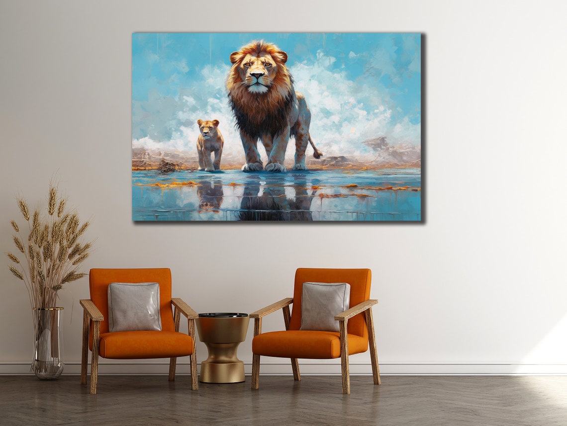 Lion and Lioness Water Reflection Blue Savannah Wall Art Print - Image 3