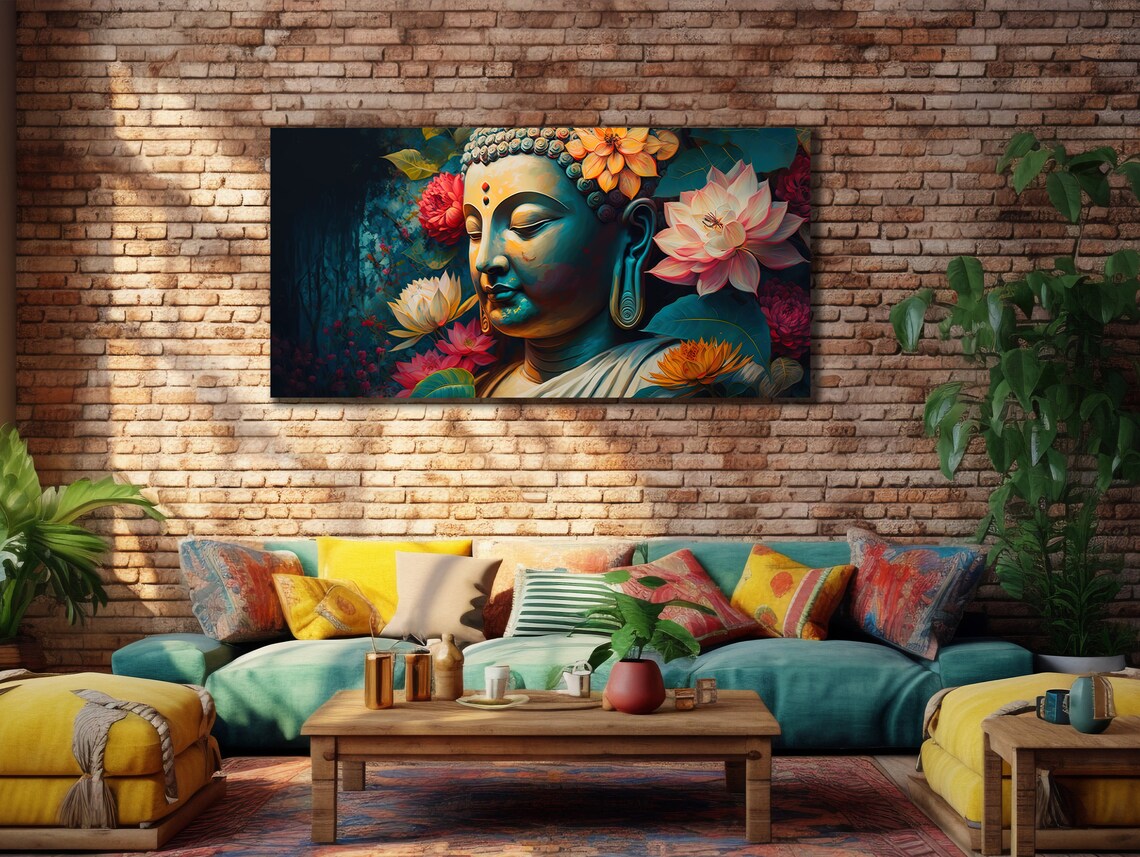 Buddha Face Among Lotus Flowers Teal Colorful Serene Wall Art Poster - Image 3
