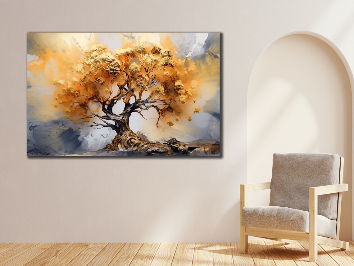 Golden Autumn Tree Abstract Oil Painting Warm Fall Wall Art Print - Image 2
