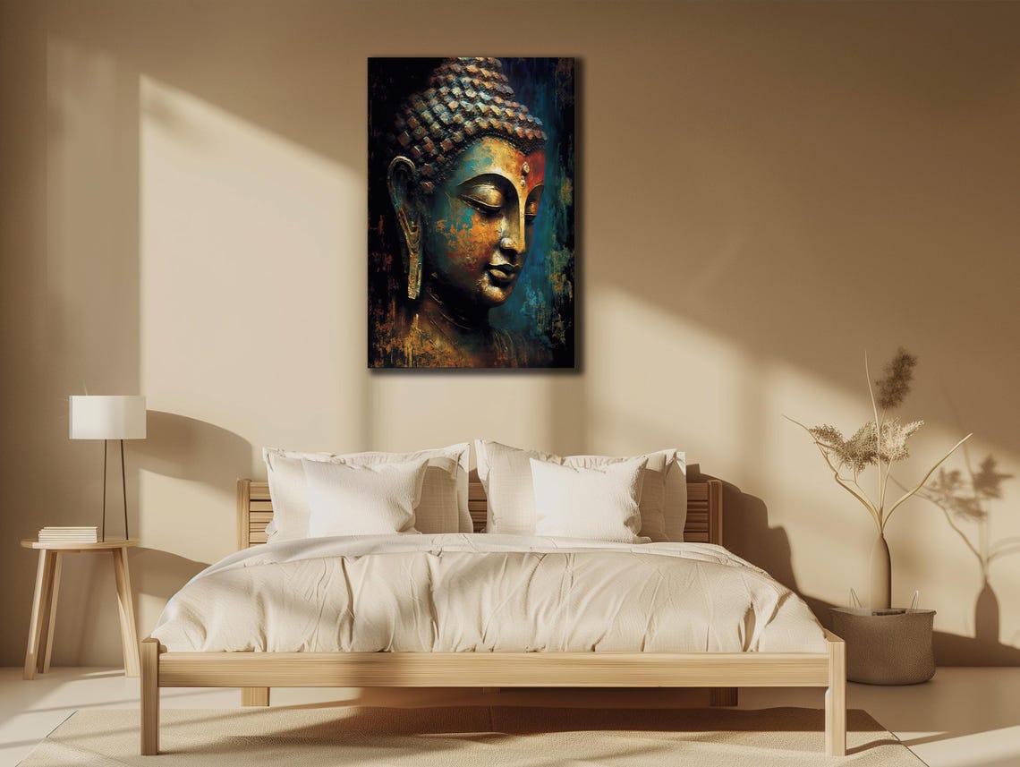 Buddha Face Blue Gold Aged Texture Zen Spiritual Wall Art Print - Image 2
