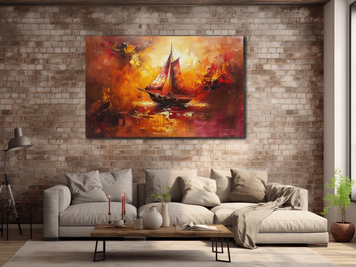 Fiery Red Sail Sunset Over Dark Ocean Abstract Ship Sailing Art Poster