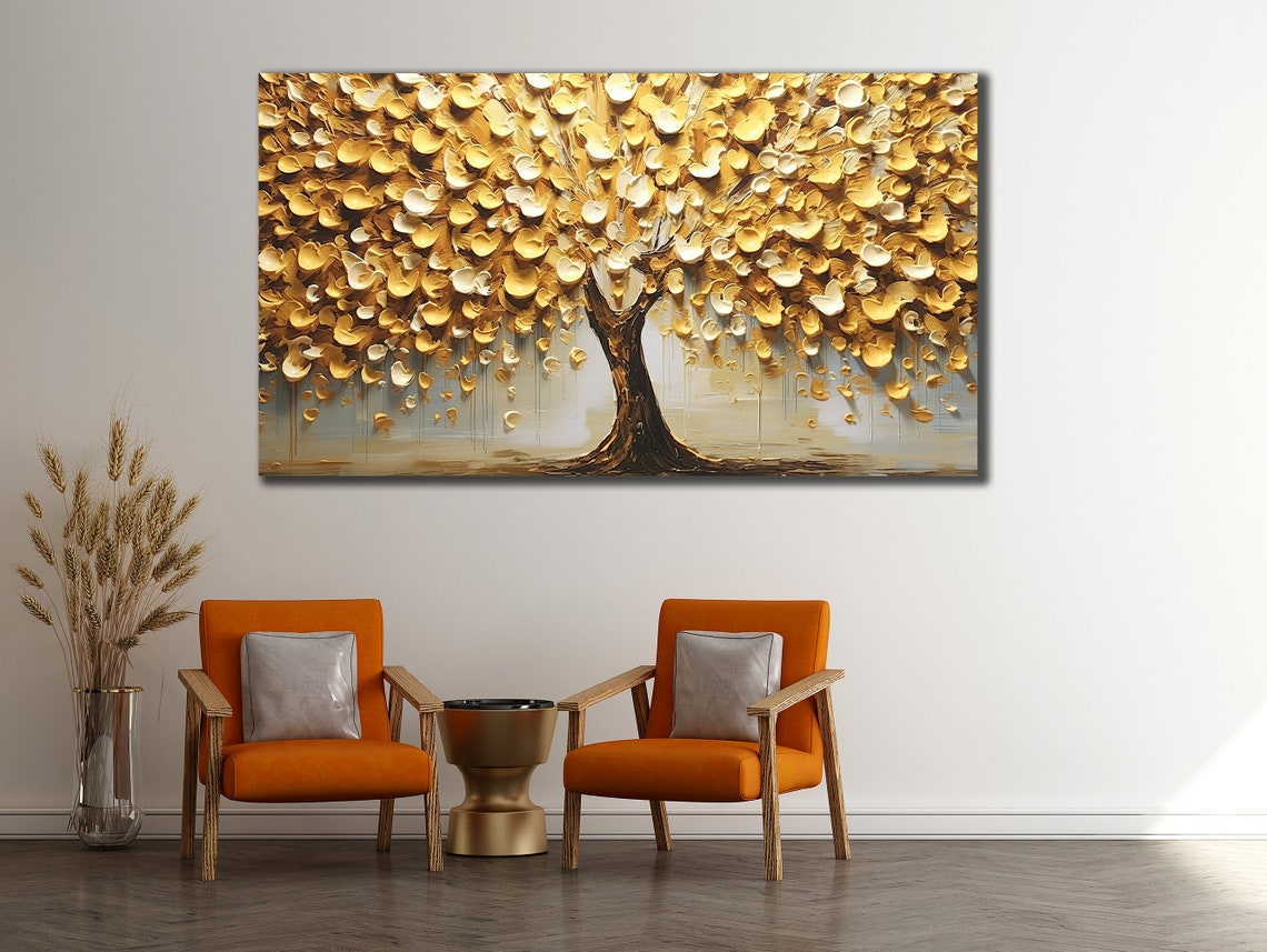 Golden Tree of Life Textured Gold Leaves Grey Background Art Poster - Image 3