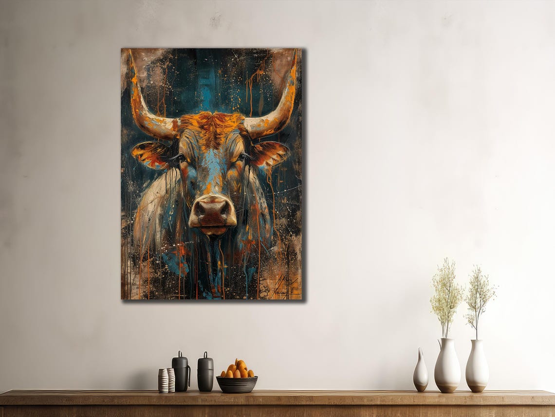 Bold Bull Portrait Blue Orange Dripping Paint Dramatic Animal Poster