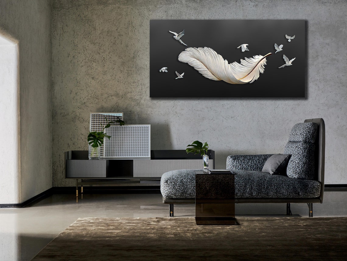 White Feather Birds Minimalist Black Background Wall Art Poster