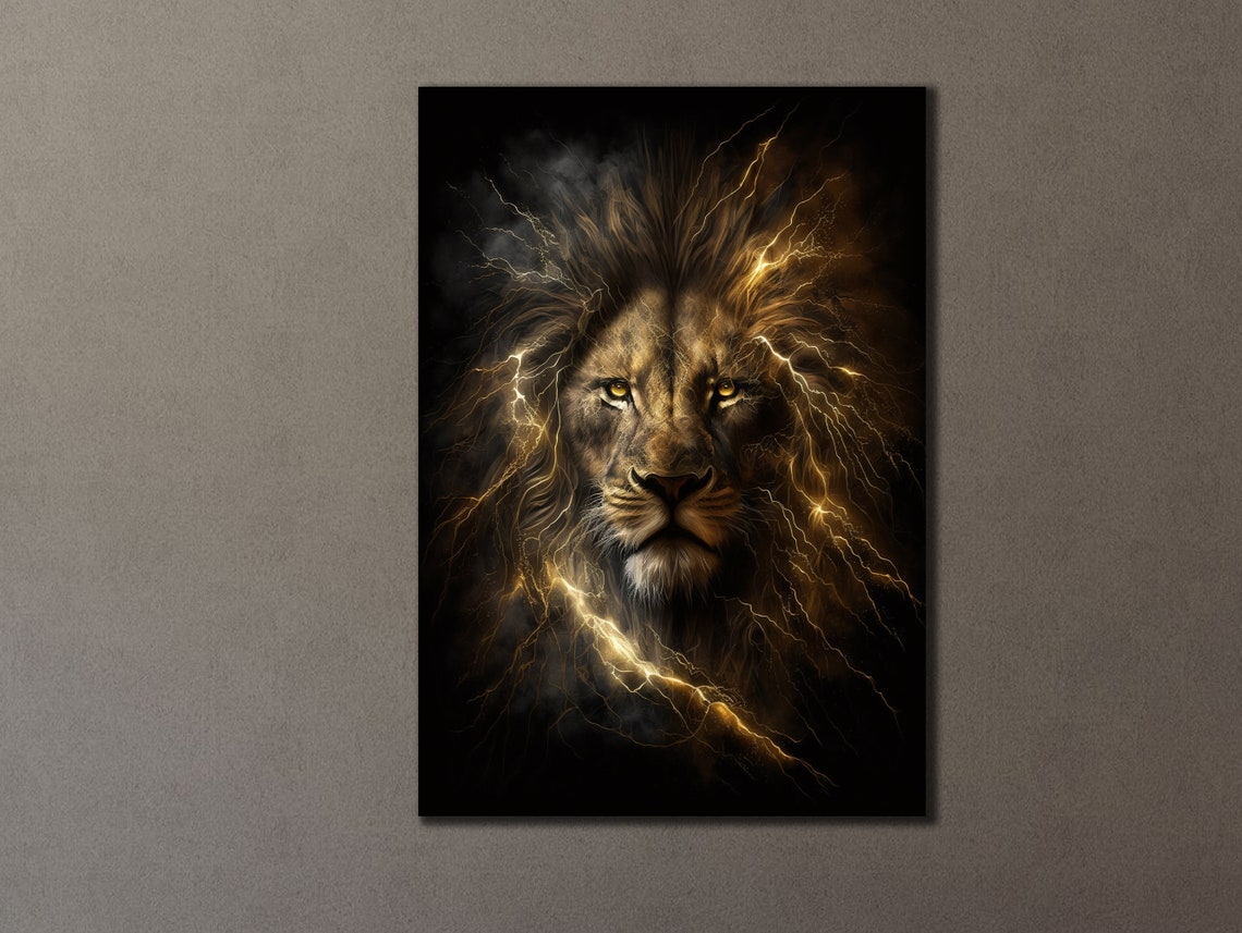 Lion Face Golden Lightning Mane Black Dramatic Animal Art Poster