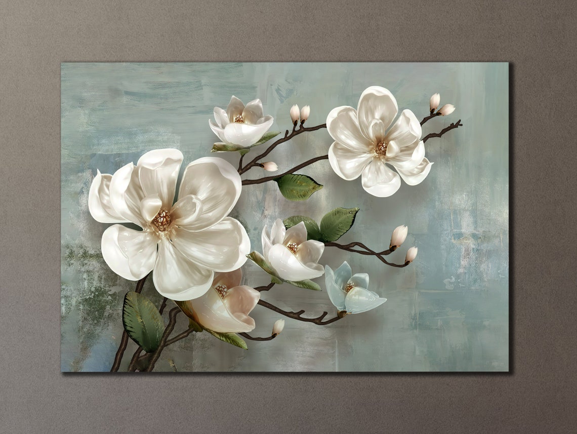 White Magnolia Blossoms Soft Sage Elegant Floral Wall Art Print