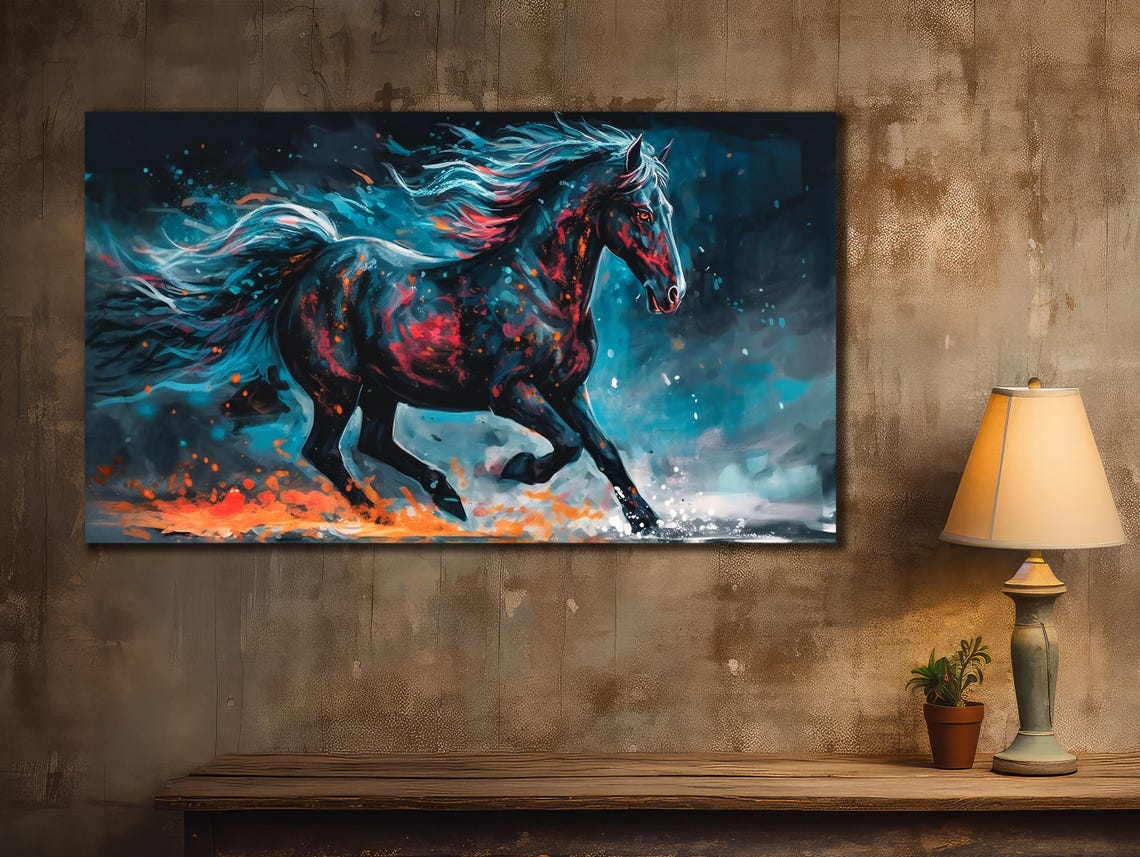 Cosmic Neon Horse Galaxy Stallion Blue Red Fire Night Art Print - Image 3