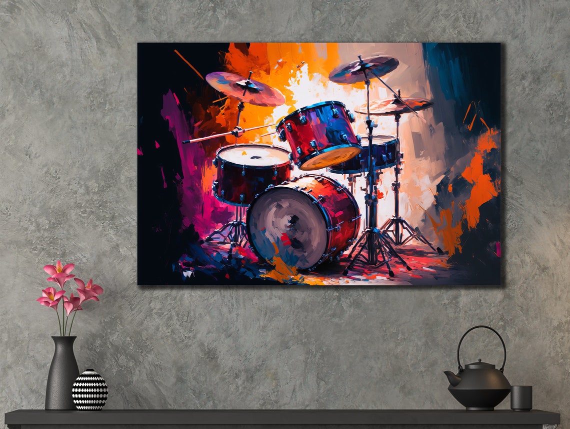 Red Drum Kit Colorful Splash Dynamic Music Performance Wall Art Poster - Image 2