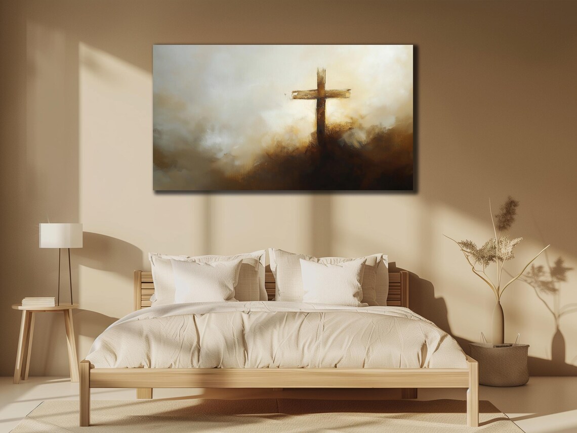 Golden Cross Silhouette Misty Sunrise Spiritual Minimalist Wall Poster - Image 2