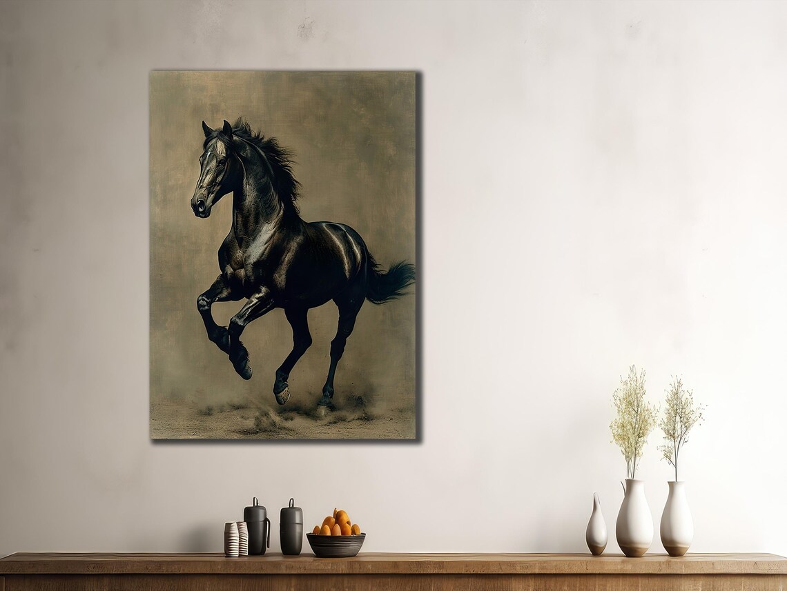 Majestic Black Horse Galloping Dramatic Vintage Style Animal Poster - Image 3