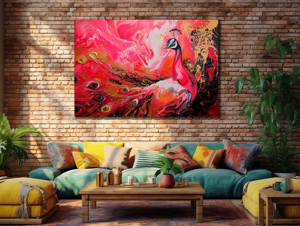 Pink Gold Abstract Peacock Fluid Acrylic Elegant Bird Wall Art Poster
