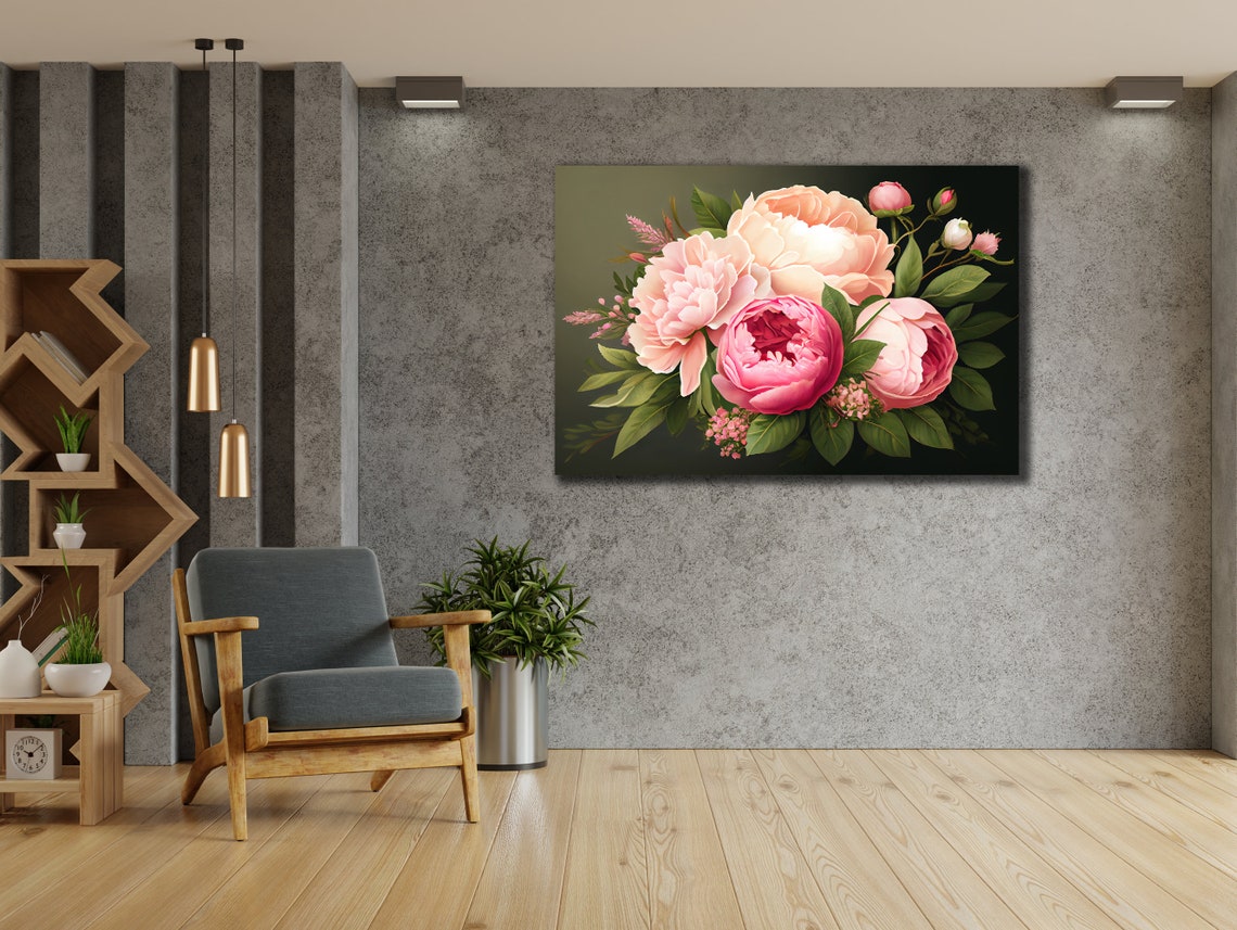 Pink Peonies Roses Bouquet Dark Background Lush Floral Art Poster - Image 2