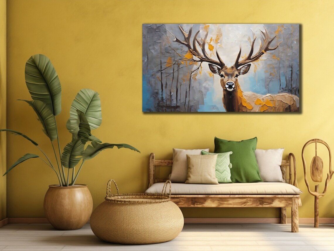 Majestic Stag Antlers Abstract Blue Gray Forest Wildlife Wall Art Print - Image 2