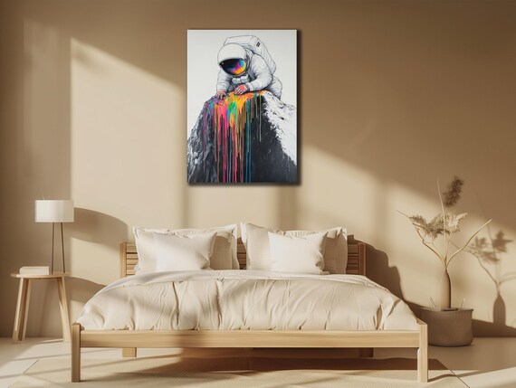 Astronaut Pouring Rainbow Paint Space Graffiti Playful Cosmic Wall Poster