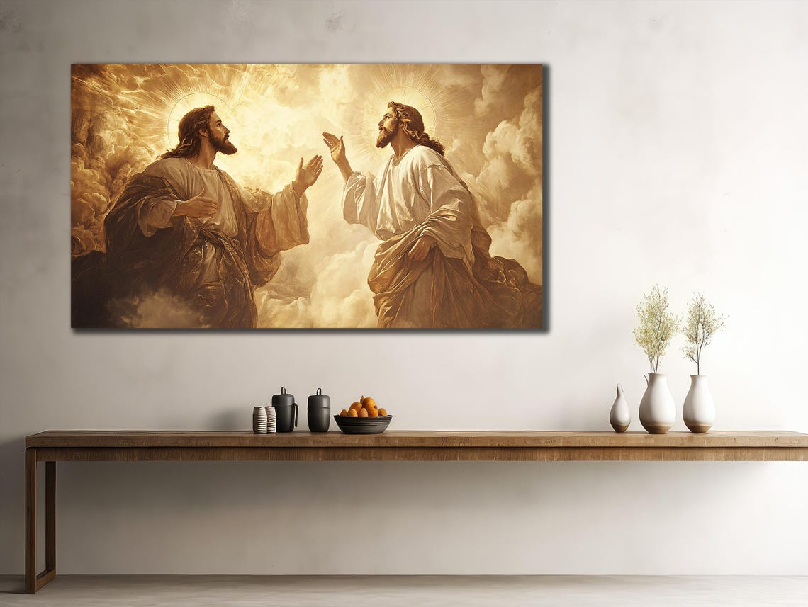 Jesus Heavenly Encounter Golden Clouds Sacred Christian Artwork Poster - Image 2