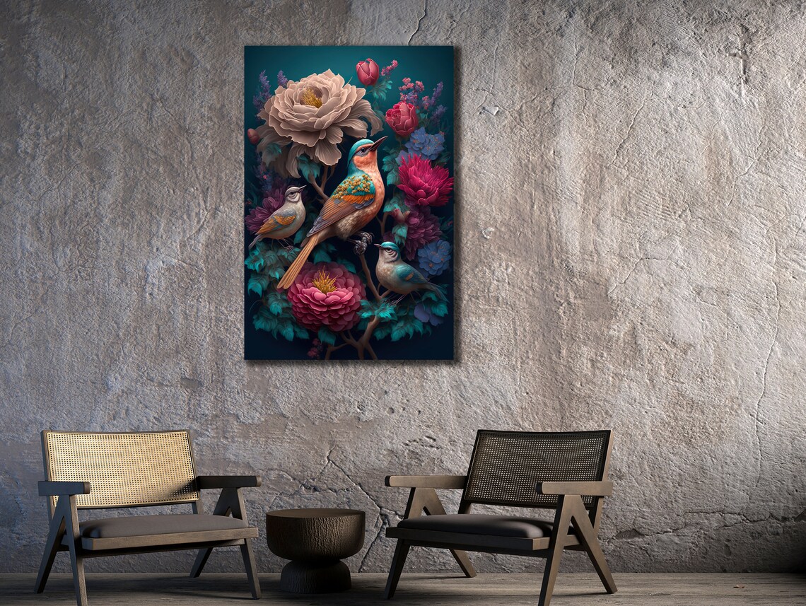 Colorful Songbirds and Peonies Floral Bird Art Teal Wall Poster - Image 3