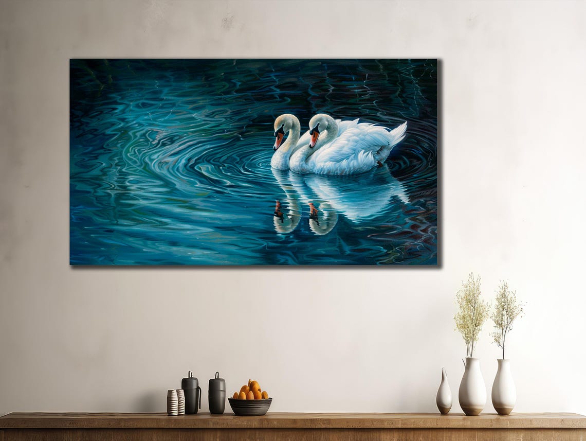 Swans Couple Gliding Dark Blue Water Rippling Reflections Art Poster - Image 3