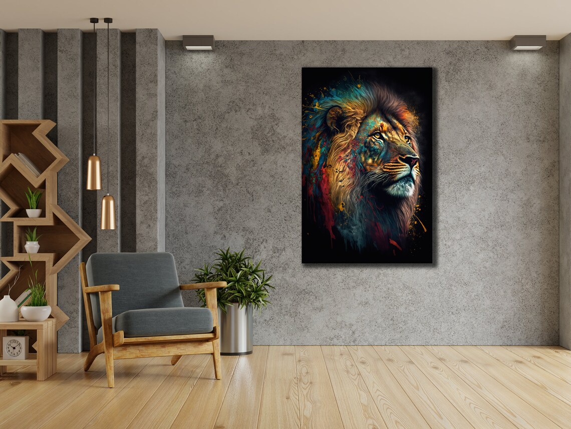 Majestic Lion Head Colorful Mane Black Background Wildlife Wall Art Poster - Image 2