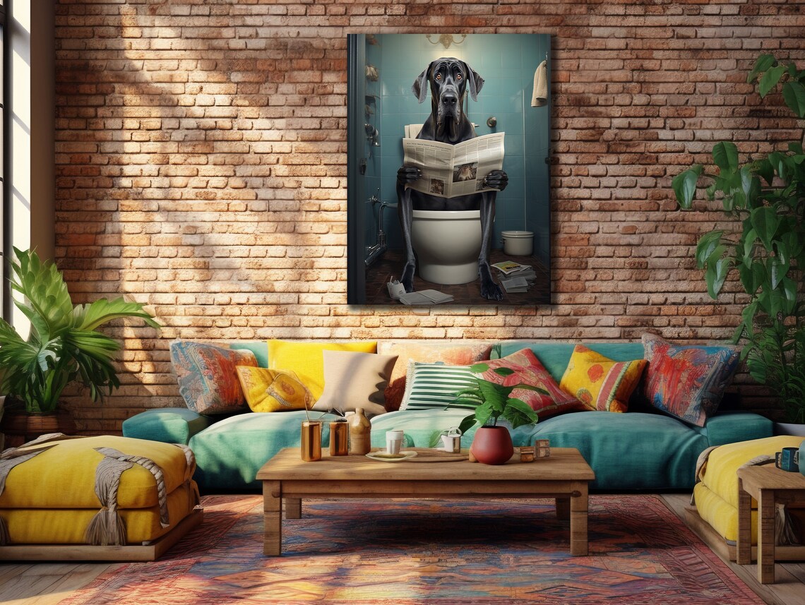 Funny Black Dog Reading Newspaper On Toilet Bathroom Humor Art Poster - Image 3