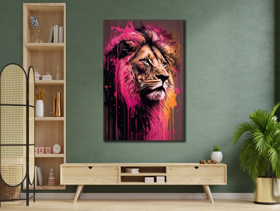 Lion Head with Pink Orange Drip Paint Modern Animal Art Poster