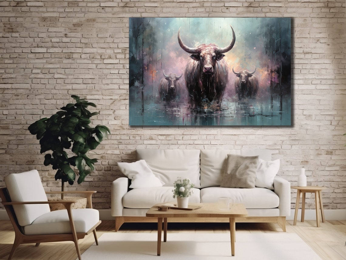 Three Water Buffaloes Walking Through Misty Still Water Poster - Image 2