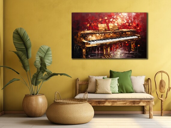 Grand Piano Oil Painting Red Background Classical Music Instrument Wall Poster