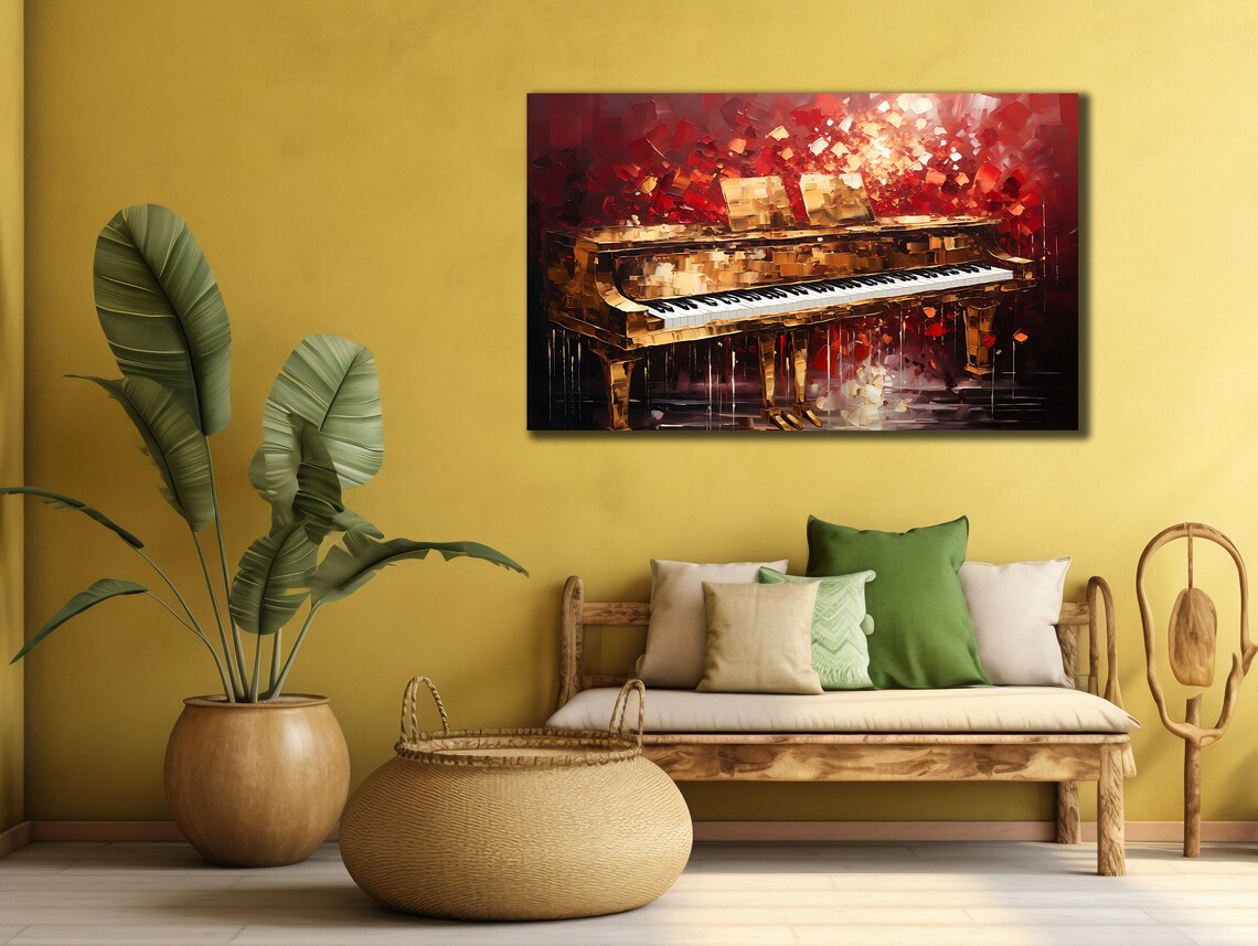 Grand Piano Oil Painting Red Background Classical Music Instrument Wall Poster