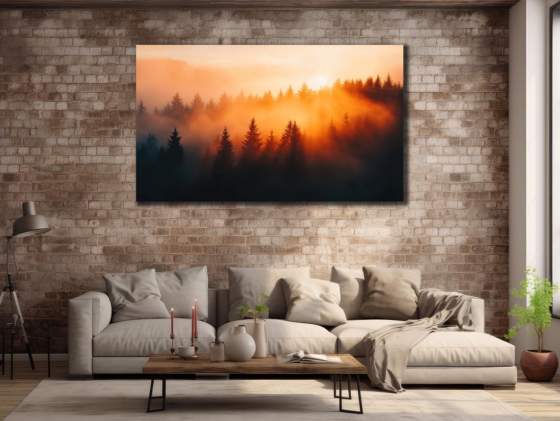 Misty Pine Forest Sunrise Orange Fog Nature Landscape Wall Poster - Image 2