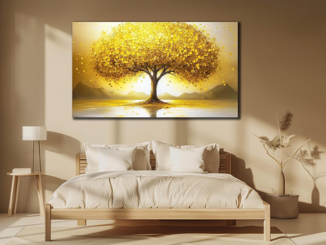 Golden Yellow Tree Sunset Lake Reflective Tranquil Nature Art Poster