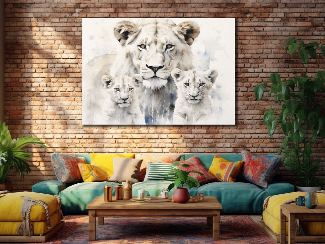 White Lioness with Cubs Watercolor Family Gentle Animal Art Poster