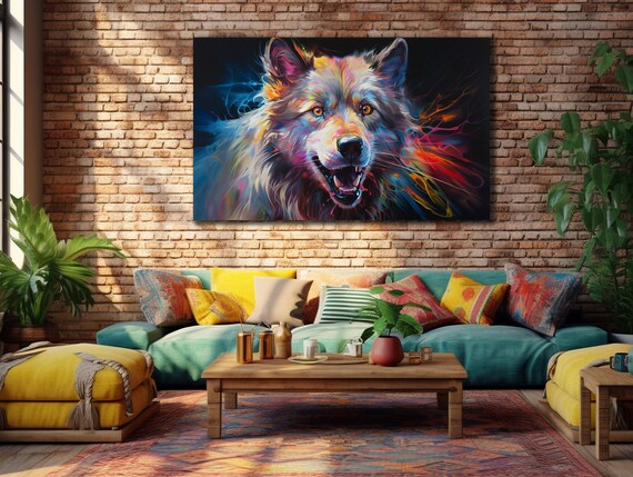 Colorful Wolf Face Neon Splash Art Dark Background Fierce Wild Animal Wall Poster