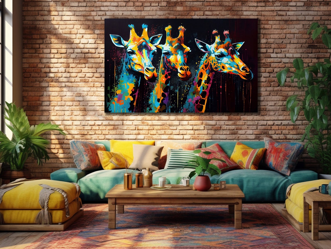 Three Giraffes Graffiti Splash Colorful Trio Wildlife Wall Poster
