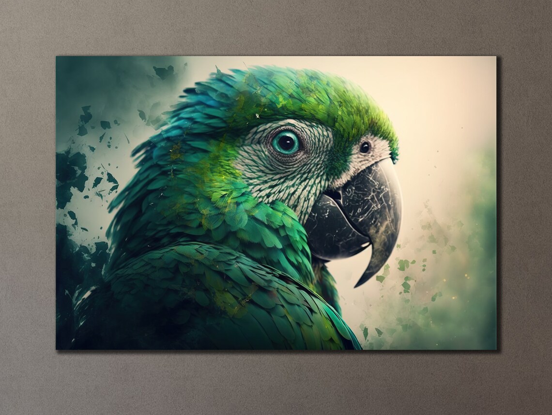 Green Parrot Close Up Portrait Detailed Feather Bird Wall Art Poster