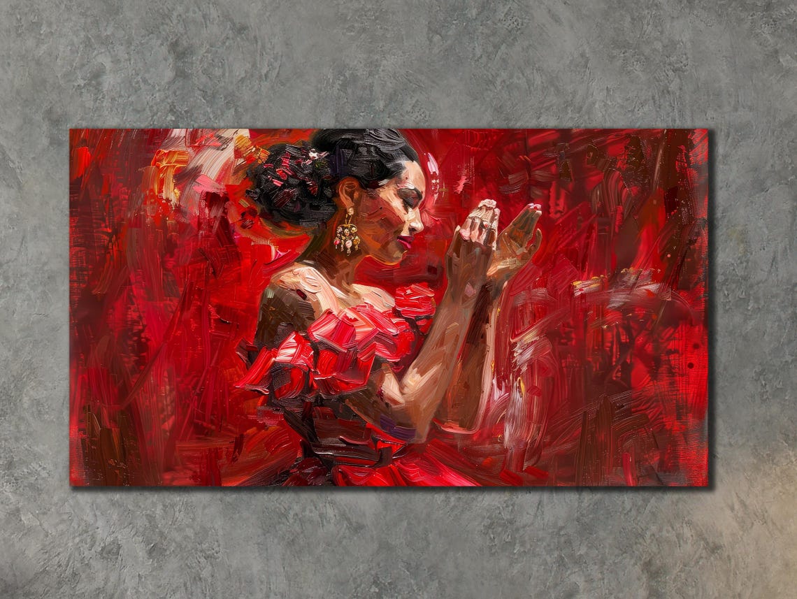 Flamenco Dancer Red Dress Dramatic Impasto Portrait Spanish Art Poster - Image 3