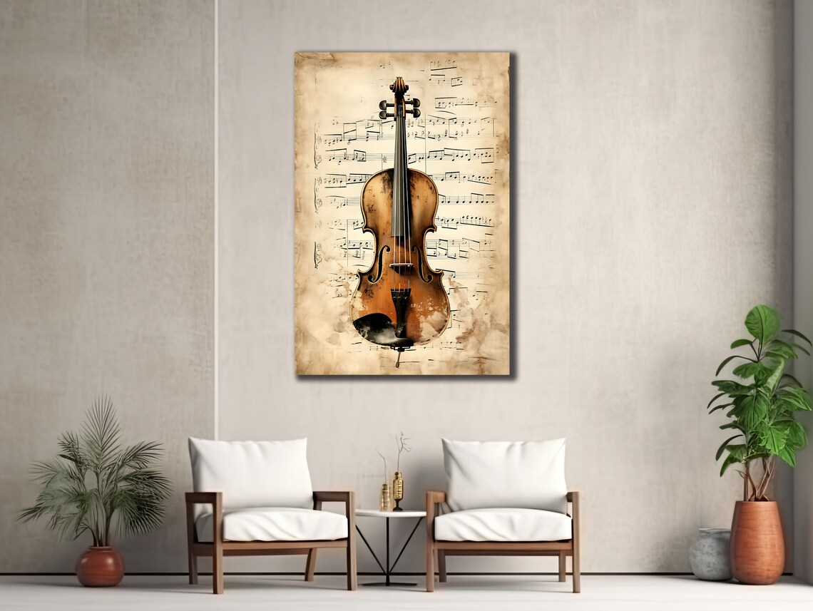 Violin on Vintage Sheet Music Sepia Classical Instrument Wall Art Print