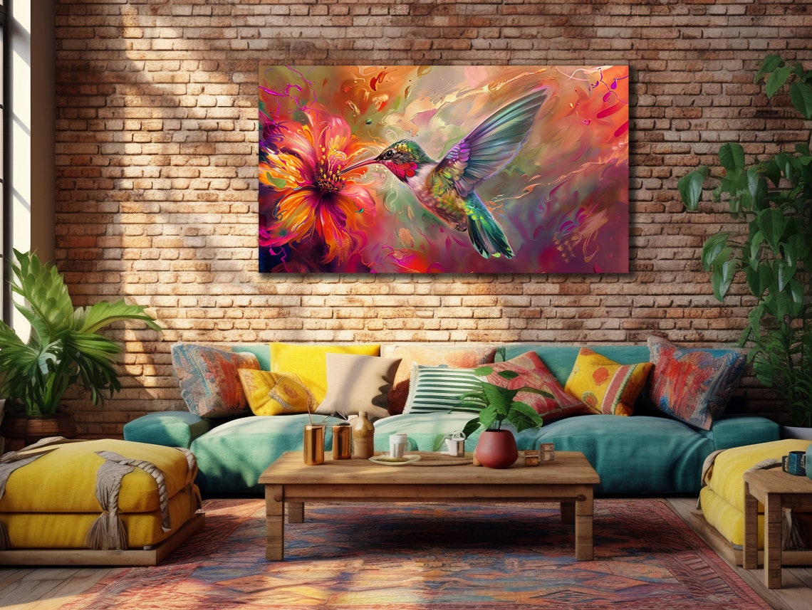 Hummingbird Orange Flower Nectar Purple Abstract Bird Wall Art - Image 2