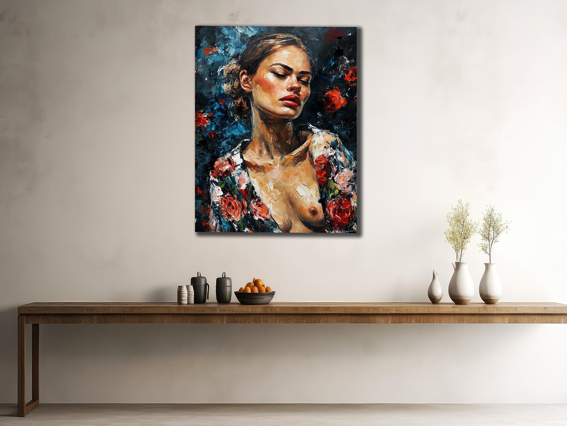 Nude Woman Floral Portrait Impressionist Oil Painting Sensual Art Poster - Image 2