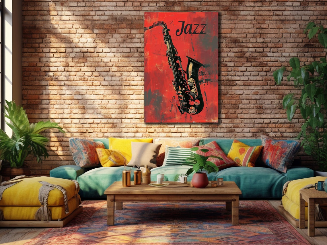 Jazz Saxophone Red Background Vintage Music Notes Art Wall Poster - Image 3