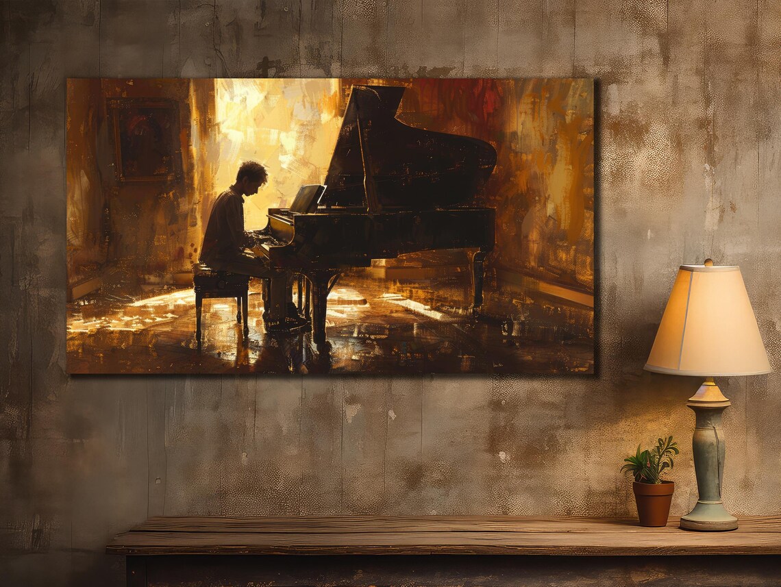 Pianist at Grand Piano Golden Light Oil Painting Music Lover Art Poster - Image 2