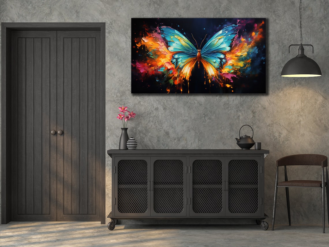 Blue Orange Butterfly Paint Splash Black Background Wall Art Print - Image 3