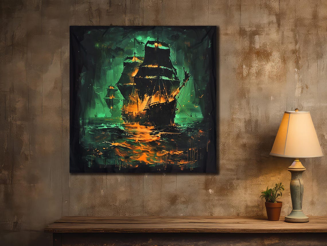 Ghost Ship Sailing Stormy Green Night Sea Glowing Orange Pirate Poster