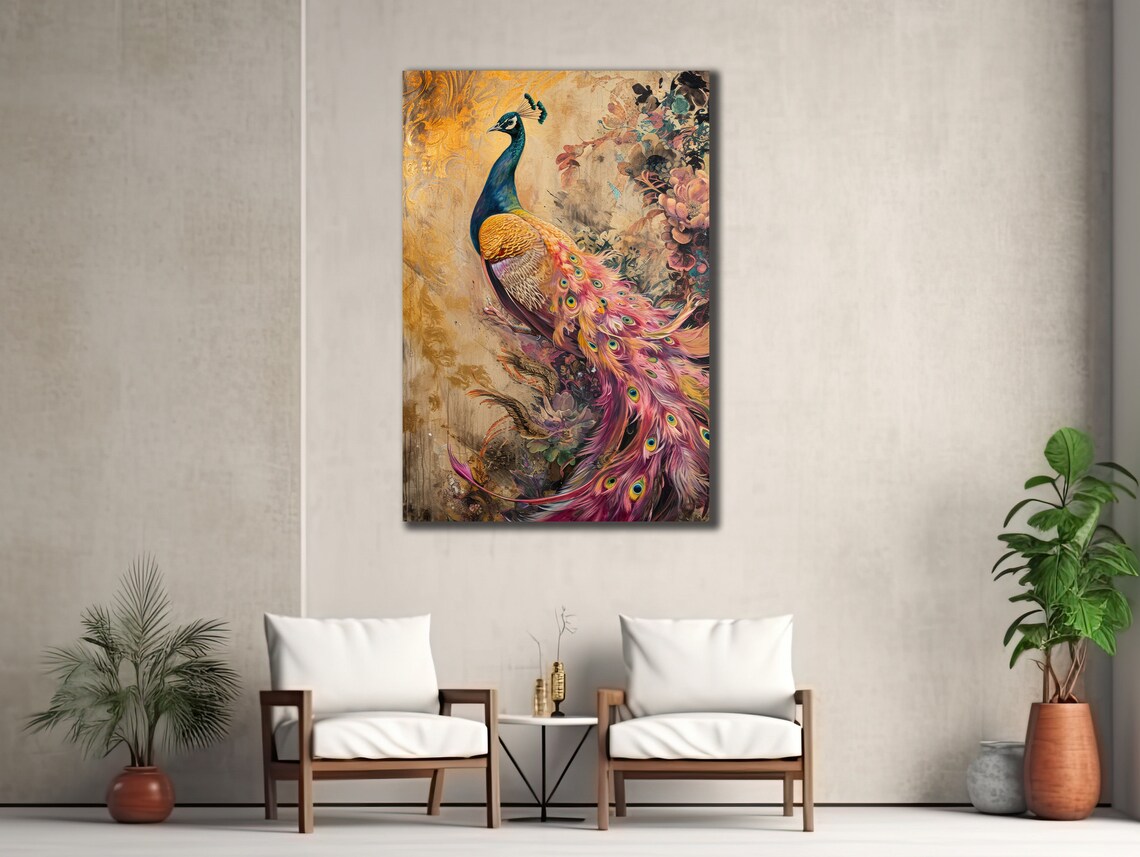 Elegant Peacock in Gold and Pink Vintage Floral Style Poster