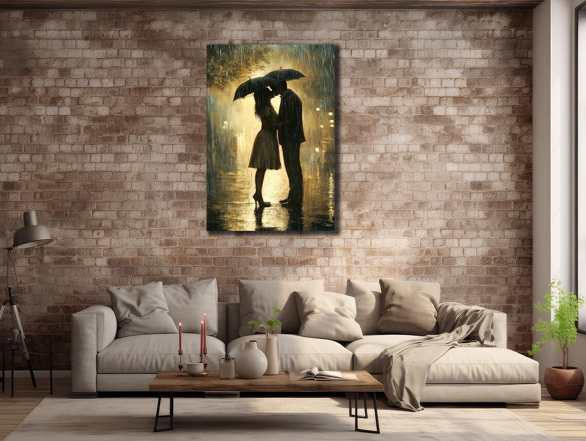 Romantic Couple Kissing Under Umbrella Rainy Golden Night Poster - Image 3