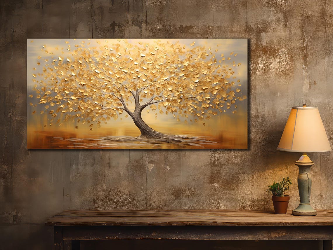 Golden Tree Spreading Branches Warm Beige Panoramic Art Poster - Image 2