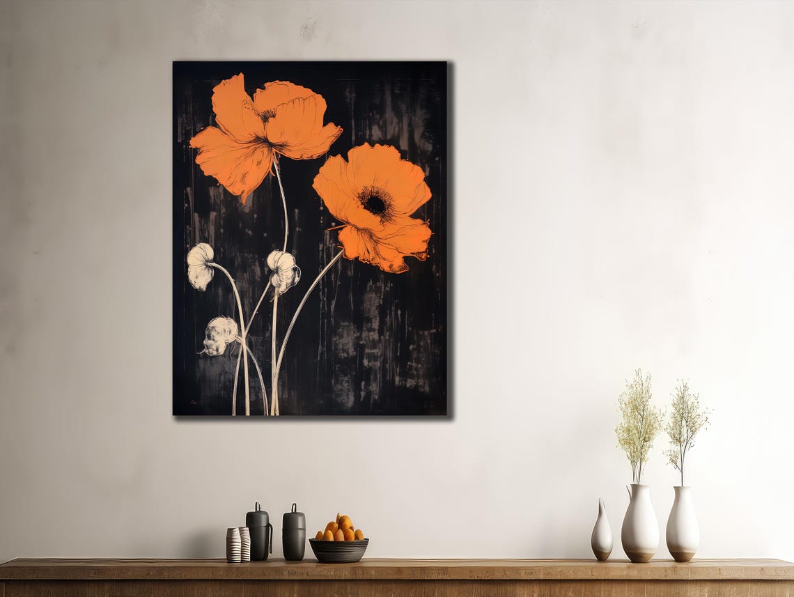 Bold Orange Poppies Black Background Striking Modern Floral Poster