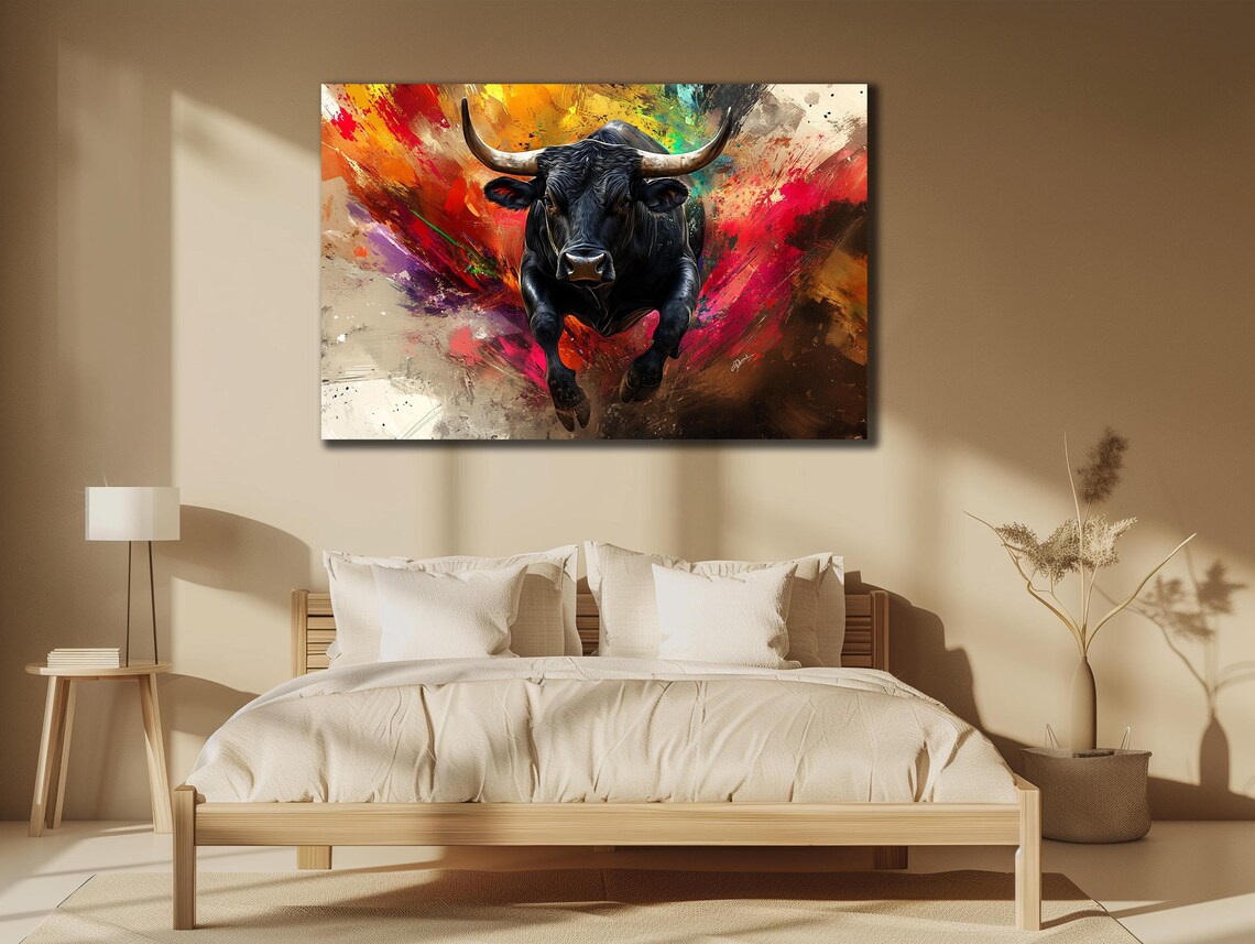 Charging Black Bull Watercolor Splash Background Powerful Art Poster