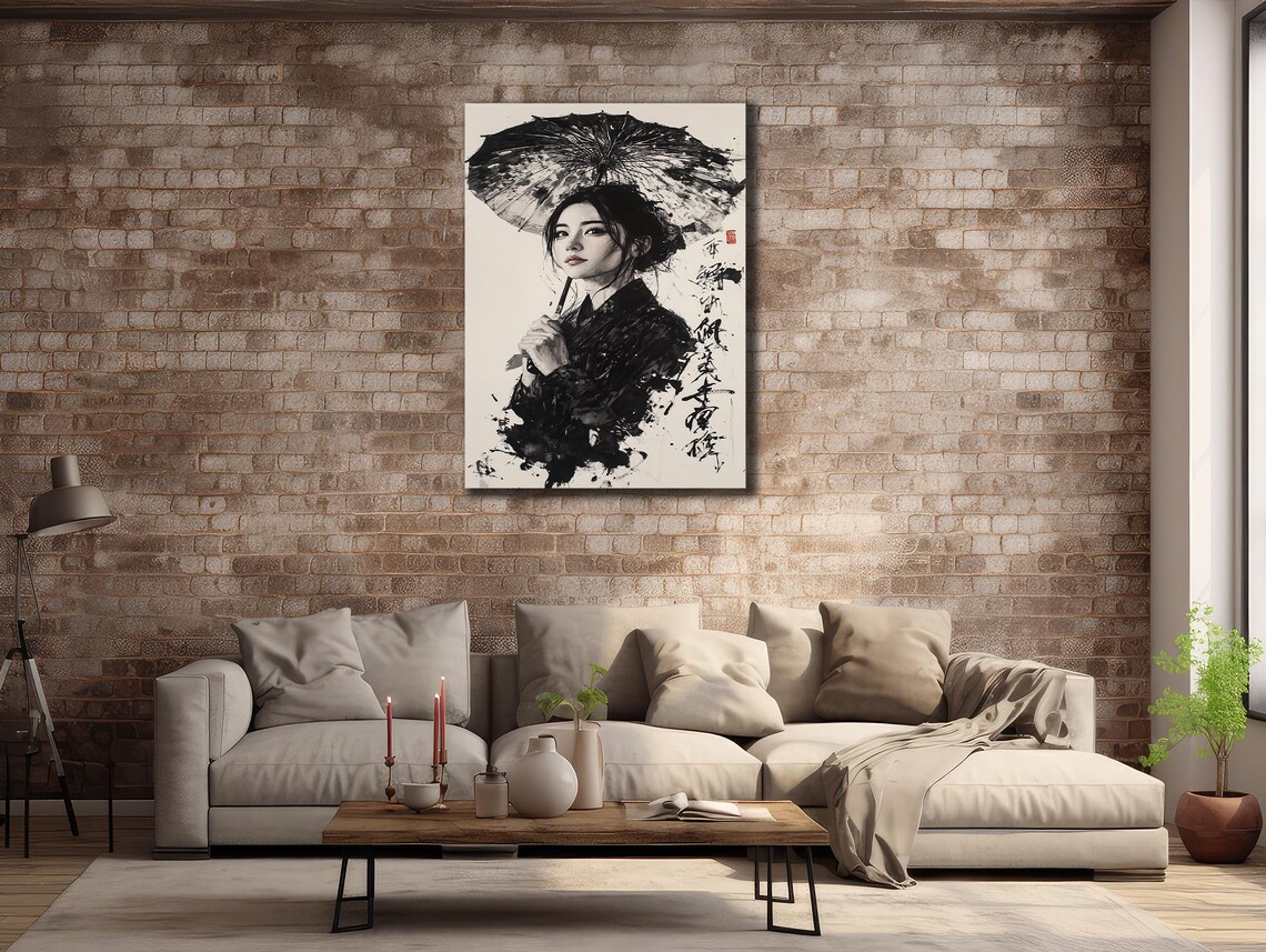 Geisha Portrait Ink Wash Parasol Close Up Japanese Beauty Wall Poster - Image 3