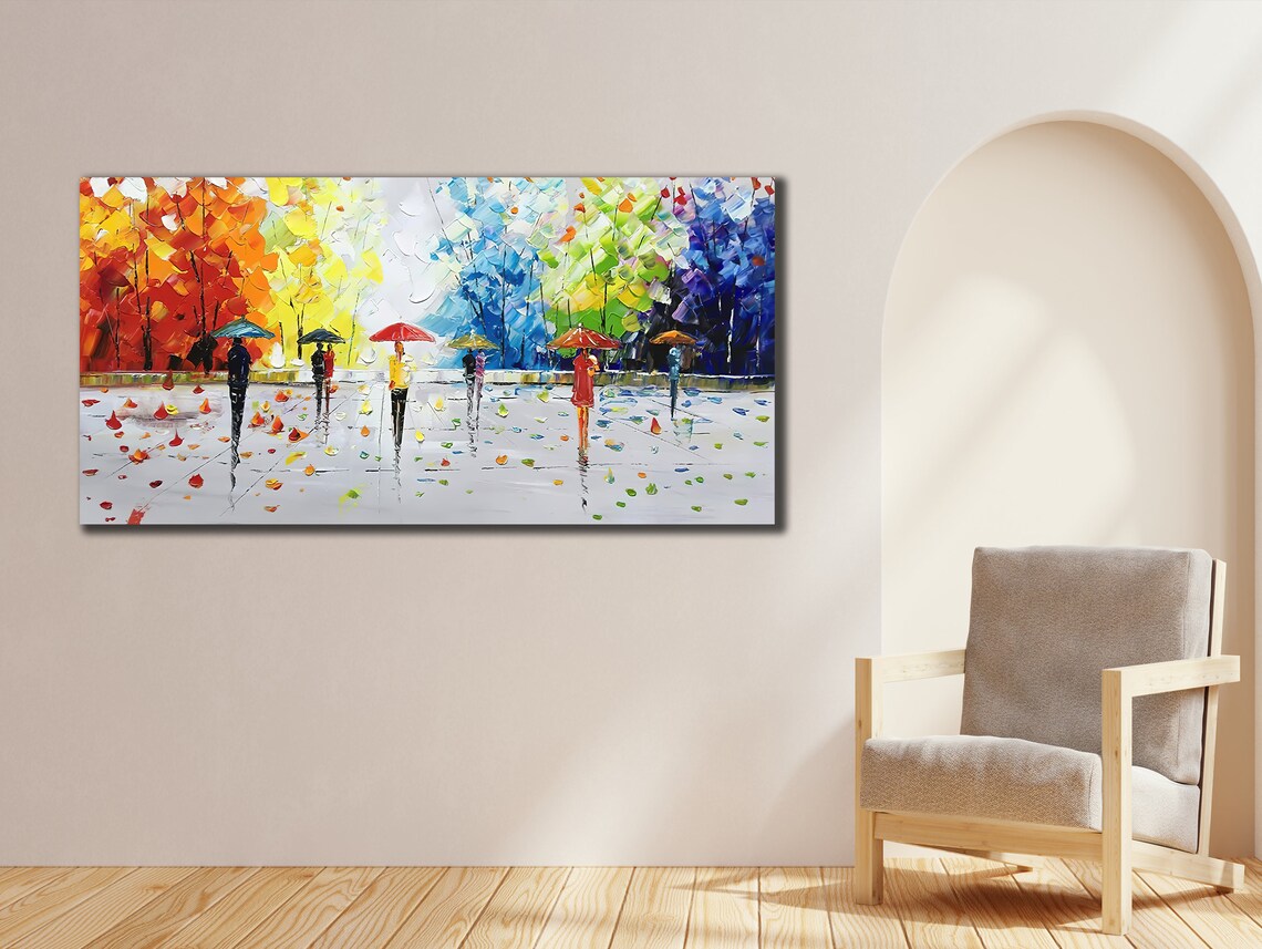 Rainy Park Colorful Umbrellas Palette Knife City Street Art Poster - Image 2